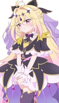 1girl absurdres antenna_hair black_bow black_capelet black_dress black_thighhighs blonde_hair blush bow brooch capelet closed_mouth commentary cowboy_shot cure_arcana_shadow dress dress_tug frilled_capelet frilled_cuffs frills frown gradient_hair hair_bow hair_intakes half-dress heart heart_brooch highres jewelry layered_dress long_hair looking_at_viewer magical_girl medium_dress meitantei_precure! moria_luluka multicolored_hair precure purple_eyes purple_veil simple_background solo sweatdrop thighhighs veil white_background yami_(yangjiechen5) 