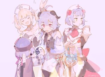  4girls ahoge armor armored_dress bandaid bandaid_on_face barbara_(genshin_impact) blonde_hair blue_hair braid breasts carm_(ruoyeahs) claymore_(sword) cleavage closed_mouth combat_maid commentary dress english_commentary flower ganyu_(genshin_impact) gauntlets genshin_impact gloves greatsword green_eyes grey_hair hair_flower hair_ornament hat horns long_sleeves multiple_girls musical_note noelle_(genshin_impact) ofuda open_mouth pink_background purple_hair qingdai_guanmao qiqi_(genshin_impact) rose short_hair sidelocks simple_background single_braid sweat sword twintails twitter_username weapon 