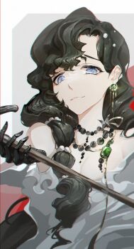  1girl bare_shoulders black_gloves black_hair blue_eyes cane commentary earrings english_commentary gem gloves green_gem grey_background grey_jacket hand_up highres holding holding_cane isolde_(and_all_that_jazz)_(reverse:1999) isolde_(reverse:1999) jacket jewelry looking_at_viewer maliketh necklace official_alternate_costume reverse:1999 solo upper_body 