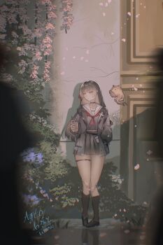  1girl against_wall agito_(agitoishere) black_hair black_jacket black_shirt black_shoes black_skirt black_socks chisa_(wuthering_waves) commentary_request cup disposable_cup hair_ribbon hand_in_pocket highres holding holding_cup jacket long_hair looking_to_the_side namipon_(wuthering_waves) neckerchief red_eyes red_neckerchief red_ribbon ribbon sailor_collar shirt shoes skirt socks thigh_strap thighs white_sailor_collar wuthering_waves 