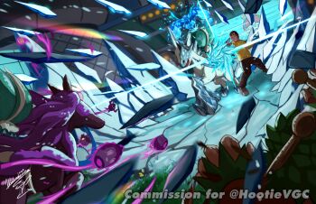  1boy beanie black_hat black_pants calyrex calyrex_(rider) commentary commission commissioner_name dark-skinned_male dark_skin english_commentary gen_6_pokemon gen_8_pokemon glastrier grass grey_shoes hat horse ice legendary_pokemon mochachiiino nintendo open_mouth original pants phantump pokemon pokemon_(creature) pokemon_battle pokemon_world_championships poltchageist pumpkaboo riding riding_pokemon rillaboom shirt shoelaces shoes signature sinistea spectrier standing telekinesis terastallization water water_drop yellow_shirt 