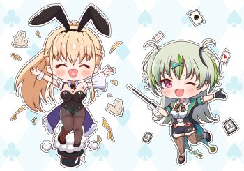  2girls :d ;d ^_^ absurdres animal_ear_hairband animal_ears argyle_background asymmetrical_gloves bare_shoulders black_gloves black_hairband black_leotard black_pantyhose black_shorts blonde_hair blush blush_stickers braid breasts brown_thighhighs chibi chibi_only cleavage closed_eyes commentary_request covered_navel crop_top detached_sleeves facing_viewer fake_animal_ears fish_hair_ornament full_body gloves green_hair green_streaks hair_between_eyes hair_ornament hairband half_up_braid happy hat heart heart_in_mouth heaven_burns_red highres large_breasts leotard long_hair looking_at_viewer magician medium_breasts midriff mismatched_gloves multicolored_hair multiple_girls official_alternate_costume official_alternate_hairstyle one_eye_closed ooshima_isuzu ooshima_isuzu_(magic_of_smiles) open_mouth outline outstretched_arms pantyhose pink_eyes playboy_bunny ponytail puff_of_air rabbit_ear_hairband rabbit_ears short_shorts shorts sidelocks simple_background single_sleeve sizmaru11 smile smug standing standing_on_one_leg strapless strapless_leotard streaked_hair striped_clothes striped_thighhighs thighband_pantyhose thighhighs top_hat toujou_tsukasa toujou_tsukasa_(bunny_fight_deviation) unworn_hat unworn_headwear v-shaped_eyebrows vertical-striped_clothes vertical-striped_thighhighs very_long_hair white_gloves white_outline white_wrist_cuffs wrist_cuffs zettai_ryouiki 