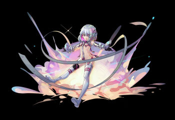  1girl absurdres black_background bondage_outfit boots breasts commentary_request crotch_strap dohna_dohna_issho_ni_warui_koto_o_shiyou explosion flat_chest full_body grey_hair highres lanyed_(949455243) layered_gloves lock looking_at_viewer multicolored_hair open_mouth padlock pink_eyes pink_hair porno_(dohna_dohna) revealing_clothes short_hair small_breasts solo thigh_boots two-tone_hair  rating:Questionable score:3 user:danbooru