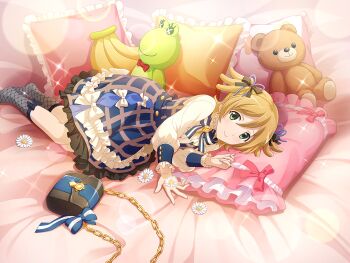  1girl banana black_bag blue_dress blue_ribbon closed_mouth daiba_nana daisy_(flower) dress fishnet_socks fishnets flower food frilled_dress frilled_sleeves frills fruit game_cg green_eyes long_sleeves looking_at_viewer lying neck_ribbon official_art on_side orange_hair pillow plaid_clothes plaid_dress ribbon shirt short_hair shoujo_kageki_revue_starlight shoujo_kageki_revue_starlight_-re_live- smile socks solo stuffed_animal stuffed_food stuffed_frog stuffed_toy twintails white_shirt 