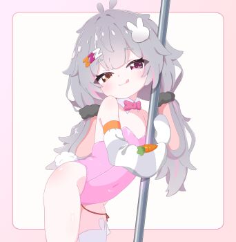  1girl :p absurdres animal_ears ass assertive_female bad_tag blush bow bowtie carrot_hair_ornament detached_collar fake_tail female_focus flat_chest food-themed_hair_ornament fuwi_(vtuber) hair_ornament hairclip half-closed_eyes heterochromia highres indie_virtual_youtuber leotard licking_lips loli long_hair looking_at_viewer mrstanleyuoh naughty_face orange_eyes pale_skin playboy_bunny pole rabbit_ears rabbit_hair_ornament rabbit_tail red_eyes seductive_smile silver_hair simple_background smile smug solo strapless strapless_leotard stripper_pole tail thighs tongue tongue_out virtual_youtuber white_background zzz 