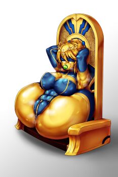 1girl abs ahoge armpits arms_behind_head arms_up artoria_pendragon_(fate) artoria_pendragon_(lancer)_(fate) artoria_pendragon_(lancer)_(third_ascension)_(fate) ass blindfold blue_bodysuit blue_gloves bodysuit breasts breath cleavage cleavage_cutout clothing_cutout colored_skin covered_abs covered_erect_nipples covered_eyes crown door_of_the_defeated elbow_gloves fat_mons fate/grand_order fate_(series) folded gem gloves gold_crown gold_hair gold_skin gold_trim green_gem hair_between_eyes highres holding holding_gem immobilization large_variant_set legs_behind_head legs_up mouth_hold ningyoushi object_in_mouth partially_visible_vulva petrification restrained sidelocks stationary_restraints steaming_body stuck thighs through_wall transformation variant_set yellow_skin