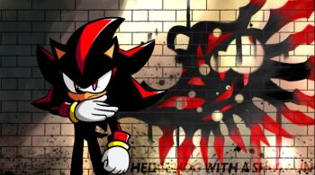  1boy angel_with_a_shotgun brick_wall clenched_hand damonfive0 doom_wings furry furry_male gloves male_focus paint_splatter red_eyes shadow_the_hedgehog solo sonic_(series) sonic_generations sonic_x_shadow_generations white_gloves 