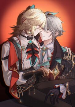  2boys 3thfloor1 alhaitham_(genshin_impact) alhaitham_(kfc)_(genshin_impact) antenna_hair ascot black_ascot black_bow black_bowtie black_coat black_gloves black_pants black_vest blonde_hair bow bowtie chromatic_aberration closed_mouth coat commentary earrings english_commentary eye_contact eyelashes feather_hair_ornament feathers fingerless_gloves frilled_sleeves frills gem genshin_impact glint gloves gold_earrings green_eyes green_gem green_hair grey_hair hair_between_eyes hair_ornament hand_chains hand_on_another's_shoulder highres jewelry kaveh_(genshin_impact) kaveh_(kfc)_(genshin_impact) lapels long_hair long_sleeves looking_at_another male_focus multicolored_hair multiple_boys open_clothes open_coat pants parted_lips red_eyes ring shirt short_hair sitting sitting_on_lap sitting_on_person smile swept_bangs vest white_ascot white_shirt x_hair_ornament yaoi 