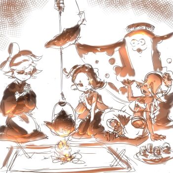  1boy 3girls bare_shoulders big_man_(splatoon) bow-shaped_hair closed_eyes closed_mouth clothing_cutout crop_top cup cushion earrings fire food food_on_head frye_(deep_cut_outfit)_(splatoon) frye_(splatoon) hand_up harem_pants highres hokkamuri inkling irori_(hearth) japanese_clothes jewelry jizaikagi kettle kimono koharu2.5 manta_ray marie_(kimono)_(splatoon) marie_(splatoon) multiple_earrings multiple_girls nintendo object_on_head octoling pants poncho shawl shiver_(deep_cut_outfit)_(splatoon) shiver_(splatoon) short_eyebrows short_hair sitting sleeveless smile splatoon_(series) splatoon_3 suction_cups tentacle_hair tooth_earrings wariza yunomi zabuton 