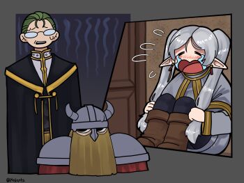 1girl 2boys armor artist_name beard blonde_hair boots bunching_hair closed_eyes crying elf facial_hair frieren frieren's_three-day_tantrum glasses grabbing_own_hair green_hair grey_hair highres holding holding_own_hair meme multiple_boys open_mouth pantyhose pointy_ears scene_reference short_hair sitting sousou_no_frieren sweatdrop tantrum tears tongue