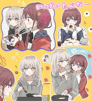  2girls absurdres blue_jacket brown_hair cat chopsticks closed_mouth commentary eating feeding food girls_band_cry grey_eyes grey_hair grey_hoodie hair_down hamchan69 highres holding holding_chopsticks holding_food hood hood_down hoodie hug hug_from_behind iseri_nina jacket kawaragi_momoka long_hair long_sleeves low_twintails multicolored_hair multiple_girls red_jacket roots_(hair) shirt short_hair short_twintails steamed_bun translation_request twintails white_shirt yuri 