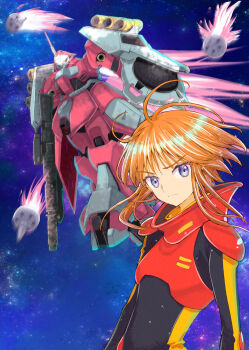  1girl beam_cannon beam_rifle blue_eyes blurry blurry_background cable char's_counterattack commentary_request energy_gun funnels_(gundam) glowing glowing_eye gundam gundam_zz highres in-franchise_crossover jagd_doga_quess_custom lens_flare light_frown looking_at_viewer mecha military_rank_insignia mobile_suit motion_blur nebula neo_zeon one-eyed orange_hair puru_two radio_antenna reki_(reki13c) robot science_fiction serious shield space spacesuit star_(sky) thrusters weapon zero_gravity 