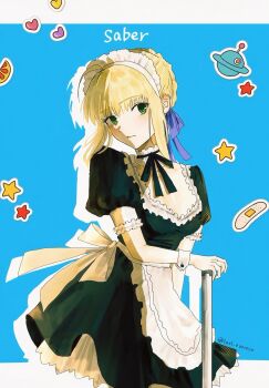  1girl ahoge apron artist_name artoria_pendragon_(fate) back_bow bandaid black_dress black_ribbon blonde_hair blue_background blue_bow blush border bow braid braided_bun broom buttons carnival_phantasm character_name closed_mouth cowboy_shot dress fate/stay_night fate_(series) food frills fruit green_eyes hair_between_eyes hair_bow hair_bun hand_up heart highres holding holding_broom iori_t101010 looking_to_the_side maid maid_headdress neck_ribbon orange_(fruit) orange_slice outside_border puffy_short_sleeves puffy_sleeves ribbon saber_(fate) short_hair short_sleeves sidelocks simple_background solo standing star_(symbol) ufo waist_apron white_apron white_border white_bow wrist_cuffs 