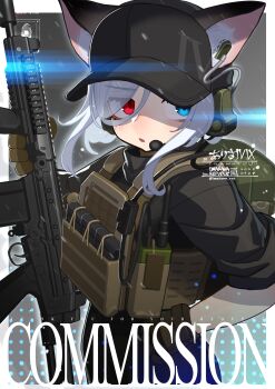  1girl absurdres animal_ear_fluff baseball_cap black_hat black_shirt blue_eyes blue_pants brown_gloves commentary commission ear_protection ears_through_headwear eyes_visible_through_hair gloves grey_hair gun hair_over_one_eye hat headset heterochromia highres holding holding_gun holding_weapon iwasawayuki long_hair original pants parted_lips red_eyes shirt short_sleeves solo untranslatable_commentary weapon weapon_request 