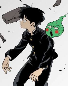  2boys black_eyes blush_stickers bowl_cut buttoned_cuffs buttons commentary crying crying_with_eyes_open ekubo_(mob_psycho_100) floating floating_hair floating_object from_side gakuran ghost haneu highres kageyama_shigeo levitation looking_ahead male_focus mob_psycho_100 multiple_boys nervous_sweating open_mouth parted_lips salt_middle_school_uniform school_uniform spirit sweat tears thick_lips white_background 