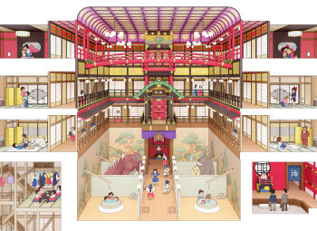  6+boys 6+girls absurdres architecture ashitaka bathhouse bathing blue_dress blue_hakama character_request check_character clothes_lift commentary_request cross-section crossover dress dress_lift east_asian_architecture futon hakama hetero highres japanese_clothes kaze_no_tani_no_nausicaa kiki_(majo_no_takkyuubin) kiss kiyo_(kyokyo1220) majo_no_takkyuubin mimi_wo_sumaseba mononoke_hime multiple_boys multiple_girls nausicaa ogino_chihiro pazu railing red_hakama san_(mononoke_hime) sen_to_chihiro_no_kamikakushi shared_bathing sheeta shirt shouji sliding_doors striped_clothes striped_shirt studio_ghibli tatami tenkuu_no_shiro_laputa tombo_(majo_no_takkyuubin) tonari_no_totoro wolf 