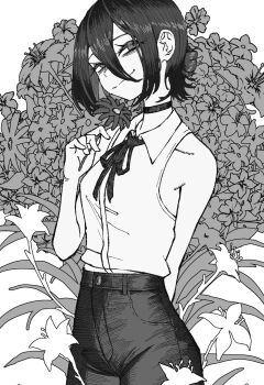  1girl breasts chainsaw_man choker closed_mouth collared_shirt floral_background flower greyscale hair_between_eyes hair_bun haruchan highres holding holding_flower light_smile monochrome neck_ribbon reze_(chainsaw_man) ribbon shirt shirt_tucked_in sleeveless sleeveless_shirt small_breasts solo 