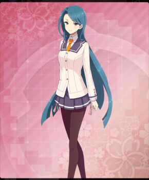  1girl black_pantyhose blazer blue_eyes blue_sailor_collar blue_skirt blunt_ends breasts buttons closed_mouth feet_out_of_frame floral_background game_cg jacket layered_sleeves long_hair long_sleeves looking_at_viewer medium_breasts official_art pantyhose pink_background renpu_girls_school_uniform sailor_collar school_uniform shirt skirt smile solo tassel third-party_source toji_no_miko toji_no_miko:_kizamishi_issen_no_tomoshibi tsurime very_long_hair watanuki_kazumi white_jacket white_shirt 