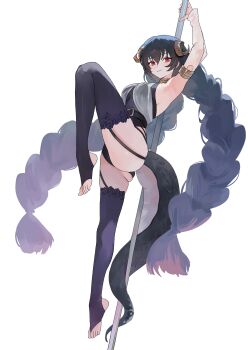  1girl absurdres arm_up armlet armpits belt black_belt black_hair black_thighhighs braid breasts brown_horns closed_mouth commentary commission curved_horns double-parted_bangs full_body gold_armlet hair_between_eyes highres horns jewelry large_breasts leg_up legs light_smile long_hair looking_at_viewer nbee_ya no_shoes original pole_dancing red_eyes simple_background sleeveless slit_pupils tail thighhighs thighs toes twin_braids very_long_hair white_background 