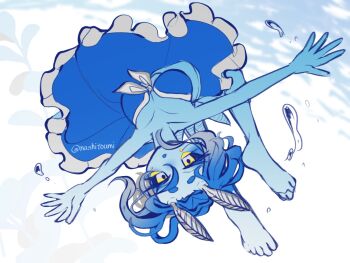  1girl air_bubble animal_ears antennae artist_name bare_shoulders barefoot bikini bikini_skirt black_sclera blue_bikini blue_hair blue_skin breasts bubble cleavage colored_sclera colored_skin commentary_request frilled_bikini frills front-tie_top highres leaning_back looking_at_viewer medium_breasts medium_hair monster_girl nashitoumi off-shoulder_bikini off_shoulder open_mouth original outstretched_arms personification pointy_ears sea_slug_ears sea_slug_girl signature slug_girl solo spread_arms swimsuit tail thick_eyebrows underwater upside-down watermark yellow_eyes 