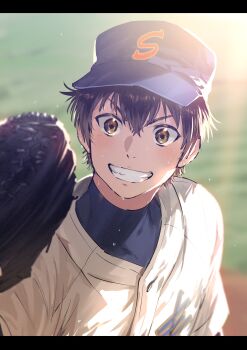  1boy absurdres ace_of_diamond baseball_cap baseball_glove baseball_jersey baseball_uniform black_border blush border brown_eyes brown_hair commentary_request flying_sweatdrops grin hat highres iramiikaiiri jersey looking_at_viewer male_focus pillarboxed sawamura_eijun short_hair smile solo sportswear sweat 