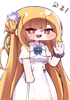  1girl :3 absurdres blonde_hair blue_archive blush capelet chibi chibi_only commentary_request cosplay cross-shaped_pupils dress erpin_(trickcal) hair_bun hair_ornament highres korean_commentary long_hair looking_at_viewer mika_(blue_archive) mika_(blue_archive)_(cosplay) open_mouth purple_scrunchie pyeong_il red_eyes scrunchie simple_background single_side_bun smile solo symbol-shaped_pupils trickcal very_long_hair waving white_background white_capelet white_dress wrist_scrunchie yellow_pupils 