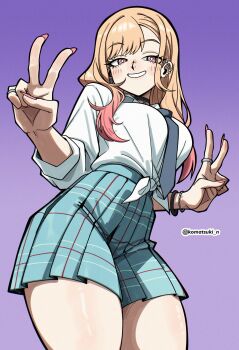  1girl artist_name black_choker blonde_hair blue_necktie blue_skirt breasts choker female_focus grin kitagawa_marin komatsuki_n large_breasts looking_at_viewer multicolored_hair necktie pink_hair pleated_skirt school_uniform skirt smile solo sono_bisque_doll_wa_koi_wo_suru teeth two-tone_hair 