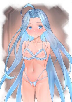  1girl absurdres ahoge arms_behind_back blue_eyes blue_hair blush bra censored crotchless crotchless_panties cupless_bra flat_chest granblue_fantasy highres lingerie loli long_hair looking_at_viewer lyria_(granblue_fantasy) meshiya mosaic_censoring navel nipples panties pussy smile solo underwear very_long_hair  rating:Explicit score:43 user:CunnyInc