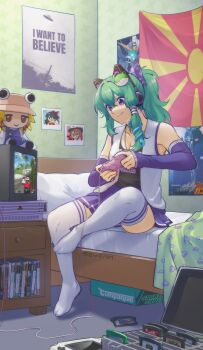  1girl :q absurdres adapted_costume animal_ear_headphones animal_ears bare_shoulders bed bedroom black_shirt blanket blue_bow blue_eyes blue_skirt blue_sleeves bow box breasts burnout_(series) burnout_revenge cable castlevania:_aria_of_sorrow castlevania_(series) cat_ear_headphones cat_ears choro-q cleavage clothes_writing collarbone commentary commission controller copyright_request crt destroy_all_humans! detached_sleeves devil_may_cry devil_may_cry_(series) devil_may_cry_3 dualshock dvd_case english_commentary fake_animal_ears flag frog_hair_ornament fumo_(doll) game_boy_advance game_boy_advance_(original) game_cartridge game_console game_controller gamepad gran_turismo green_hair hair_between_eyes hair_bow hair_ornament hair_tubes hakurei_reimu handheld_game_console headphones highres holding holding_controller holding_game_controller i_want_to_believe_(meme) indoors jewelry kochiya_sanae large_breasts lightning_bolt_print long_hair long_sleeves mario_(series) meme moriya_suwako necklace need_for_speed need_for_speed:_most_wanted_(2005) nintendo north_macedonian_flag persona persona_3 photo_(object) pillow playing_games playstation_2 playstation_controller pleated_skirt ponytail poster_(object) qiwiq second-party_source shirt single_hair_tube sitting skirt sleeveless sleeveless_shirt sleeves_past_wrists snake_hair_ornament solo star_(symbol) star_print television thighhighs thighs tomb_raider_legend tongue tongue_out touhou twitter_username ufo_print usami_sumireko white_shirt white_thighhighs 
