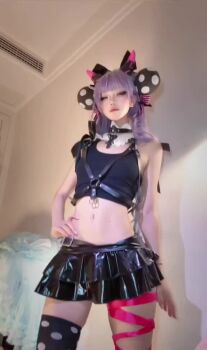  1girl animated asymmetrical_legwear audible_music ball bare_legs bare_shoulders bat_wings black_bonnet black_bow black_cape black_skirt black_sleeves black_thighhighs blunt_bangs bonnet bow bow_legwear breasts cape chinese_(nationality) chinese_commentary collar commentary cosplay dancing deborah_(under_the_witch) deborah_(under_the_witch)_(cosplay) demon_girl demon_horns demon_tail detached_collar detached_sleeves feet_out_of_frame female_focus hair_ornament hashtag-only_commentary headgear horns indoors legs_apart long_sleeves looking_at_viewer medium_breasts midriff multiple_views navel o-ring open_mouth photo_(medium) pink_ribbon plaid_clothes plaid_skirt polka_dot ppdrsss purple_eyes real_life ribbon ribbon-trimmed_legwear ribbon_trim shirt skirt sleeveless sleeveless_shirt smile smug solo sound standing stirrup_legwear striped_clothes tail thighhighs tiptoes toeless_legwear under_the_witch underwear video waist_cape white_collar white_hair wings 