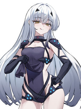  1girl absurdres bare_shoulders black_dress black_gloves black_leotard breasts clothes_lift commentary_request dress elbow_gloves fate/grand_order fate_(series) forked_eyebrows gloves highleg highleg_leotard highres leotard licking_lips long_hair looking_at_viewer melusine_(fate) pelvic_curtain sidelocks small_breasts smile solo thighs tongue tongue_out white_hair yellow_eyes yugusan5 