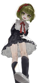  1girl arms_behind_back black_dress black_socks blush bow danganronpa_(series) danganronpa_another_episode:_ultra_despair_girls dress female_focus green_eyes green_hair hair_bow hair_ribbon hairband headband loli looking_at_viewer looking_down matching_hair/eyes neck_ribbon open_mouth panties red_bow red_hairband red_headband red_ribbon ribbon shoes simple_background socks solo solo_focus teeth towa_monaca underwear upper_teeth_only upskirt white_background white_panties white_shoes 