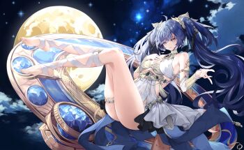  1girl absurdres ahoge ancient_greek_clothes armlet bare_shoulders barefoot black_skirt blue_eyes blue_hair chinese_commentary commentary_request full_body full_moon gold_bra greco-roman_clothes hand_on_own_chest highres iuno_(wuthering_waves) jewelry laurel_crown leg_wrap long_hair looking_at_viewer moon night parted_lips showgirl_skirt skirt smile solo thighlet thighs toes toto_tony twintails vambraces wuthering_waves 