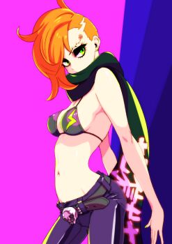  aihcnim belt bikini_top denim ear_piercing fingernail_polish from_side ignite japanese_text jeans ninja_slayer orange_hair pants piercing scarf side_shave simple_background skull_ornament 