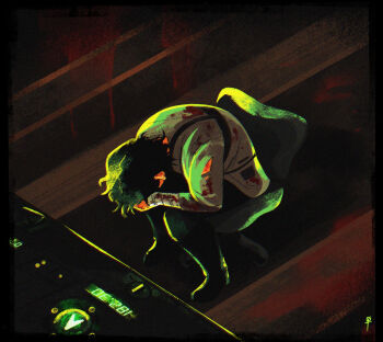  1boy bandaged_arm bandages black_hair chair chest_belt commentary english_commentary from_above full_body genericpuff green_light hands_on_own_face head_down highres iron_lung_(movie) leaning_forward male_focus medium_hair meme neon_genesis_evangelion shinji_in_a_chair_(meme) simon_(iron_lung) sitting solo 