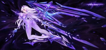  1girl absurdres android arched_back barefoot bodysuit breasts broken broken_weapon covered_erect_nipples dual_wielding floating full_body hair_between_eyes hair_ornament highres holding holding_sword holding_weapon impossible_bodysuit impossible_clothes large_breasts long_bangs long_hair looking_at_viewer looking_back mecha_musume mechanical_wings nornium official_art open_mouth original red_eyes shiny_clothes skin_tight solo sword transparent transparent_body weapon white_hair wings zhuore_zhi_hen 