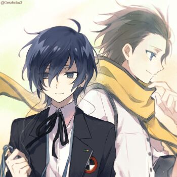  2boys artist_name black_hair black_jacket black_ribbon blue_eyes blue_hair chinese_commentary closed_mouth collared_shirt commentary_request digital_walkman floating_scarf gekkoukan_high_school_uniform gesshoku3 hair_between_eyes hair_slicked_back hand_up headphones holding_mp3_player jacket looking_to_the_side male_focus mochizuki_ryouji mp3_player multiple_boys neck_ribbon persona persona_3 profile ribbon scarf school_uniform shirt short_hair smile upper_body walkman_nw-s203f white_shirt yellow_scarf yuuki_makoto_(persona_3) 