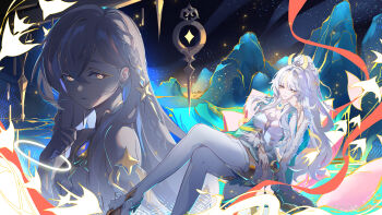  1girl absurdres bare_shoulders blonde_hair braid breasts cleavage closed_mouth commentary_request crossed_legs crown dress earrings full_body genshin_impact gloves hair_between_eyes hair_ornament hand_on_own_cheek hand_on_own_face highres istaroth_(genshin_impact) jewelry long_hair looking_at_viewer mountain multicolored_hair radix_jiegeng shirt sitting streaked_hair thighhighs throne white_dress white_hair white_shirt yellow_eyes zibai_(genshin_impact) 
