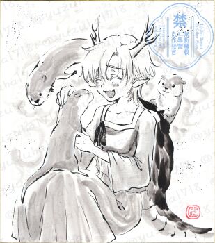  1girl absurdres antlers blush closed_eyes collarbone commentary commentary_request dragon_girl dragon_horns dragon_tail english_commentary fang happy highres horns kicchou_yachie mixed-language_commentary open_mouth otter otter_spirit_(touhou) petting pointy_ears shikishi shirt short_hair sitting skin_fang skirt smile spiked_shell square_neckline tail touhou traditional_media turtle_shell watermark watermark_grid yuzuha_(yuzutime) 