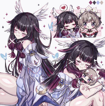  2girls :t anger_vein bare_shoulders black_hair blue_eyes blush breasts brown_hair character_doll cheek_poking chibi cleavage closed_eyes closed_mouth columbina_(genshin_impact) commentary doll dress eye_mask fingernails from_side genshin_impact hair_ornament heart highres holding holding_doll long_hair long_sidelocks mask multiple_girls poking purple_hair sandrone_(genshin_impact) short_hair sidelocks sitting smile speech_bubble spoken_heart usa_(usagi_minku) very_long_hair white_dress wing_hair_ornament 