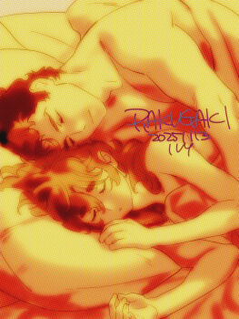  1boy 1girl arm_around_waist artist_name bed_sheet closed_eyes closed_mouth commentary_request couple dated guel_jeturk gundam gundam_suisei_no_majo hair_between_eyes hetero ivy_hermit long_hair multicolored_hair parted_lips pillow suletta_mercury topless_female topless_male two-tone_hair under_covers upper_body 