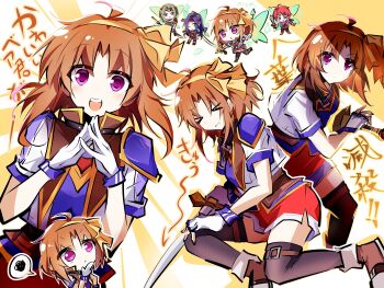  25ocoveryui 2boys 2girls absurdres akatsuki_no_kiseki anelace_elfead armor brown_hair carna_(eiyuu_densetsu) commentary_request cropped_jacket curtained_hair eiyuu_densetsu grant_(eiyuu_densetsu) hairband headband highres holding holding_sword holding_weapon kurt_nardin mascot_head multiple_boys multiple_girls open_mouth parted_bangs pauldrons purple_eyes short_hair shoulder_armor single_pauldron sora_no_kiseki sword two-tone_background weapon yellow_hairband yellow_headband 