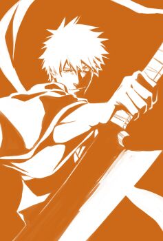  1boy 46take_e bleach commentary_request hair_between_eyes highres holding holding_sword holding_weapon japanese_clothes kimono kurosaki_ichigo limited_palette looking_at_viewer male_focus orange_theme reverse_grip shihakusho shikai solo sword upper_body weapon zangetsu_(shikai) zanpakutou 