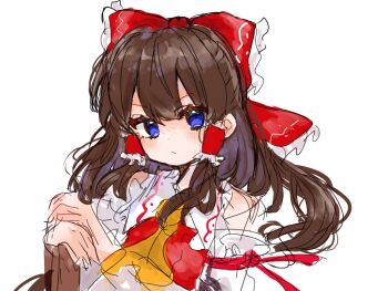  1girl alternate_eye_color ascot blue_eyes blush bow brown_hair closed_mouth commentary_request detached_sleeves frilled_bow frilled_hair_tubes frills hair_bow hair_tubes hakurei_reimu long_hair looking_at_viewer red_bow simple_background solo tamago_nnyi touhou upper_body white_background yellow_ascot 