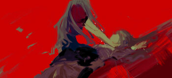  2girls absurdres bang_dream! bang_dream!_it's_mygo!!!!! black_skirt blue_dress blue_hair dress green_hair highres lemtun long_hair multiple_girls oblivionis_(bang_dream!) plaid_clothes plaid_dress red_background red_shirt shirt skirt straddling strangling togawa_sakiko wakaba_mutsumi 