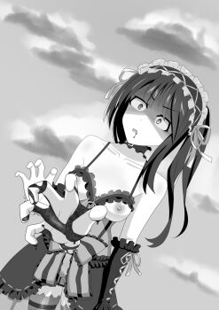  1girl bar_censor bare_shoulders blood blood_from_mouth bra breasts censored choker cloud cupless_bra date_a_live face_in_shadow frills gothic_lolita greyscale hairband lolita_fashion lolita_hairband medium_breasts monochrome nipples outdoors outstretched_hand pubic_hair pussy rayos skindentation skirt sky solo thighhighs tokisaki_kurumi underwear 