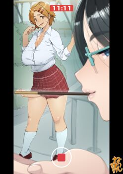  1futa 1girl breasts convenient_censoring erection food food_in_mouth futanari glasses hair_ornament hairclip huge_breasts neone no_panties original penis penis_peek pocky pocky_day pocky_in_mouth precum school_uniform short_hair skirt standing  rating:Explicit score:10 user:Qwertyuiop999