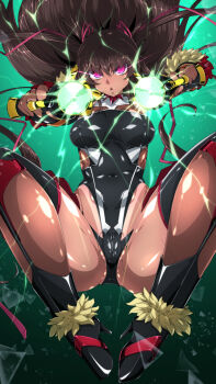  1girl :o aiming aiming_at_viewer ass bare_shoulders black_leotard body_writing boots brown_hair byakkun8181 cameltoe covered_navel curvy dark-skinned_female dark_skin flat_chest floating_hair glowing glowing_eyes gun hair_ornament hair_ribbon highleg highleg_leotard highres holding holding_gun holding_weapon huge_ass impossible_clothes impossible_leotard jumping leotard long_hair long_twintails looking_at_viewer mizuki_yukikaze one-piece_tan open_mouth partially_visible_vulva pink_eyes revealing_clothes ribbon shiny_clothes shiny_skin simple_background skin_tight solo taimanin_(series) taimanin_rpgx taimanin_suit taimanin_yukikaze tan tanline thong_leotard two_side_up very_long_hair weapon wide_hips 