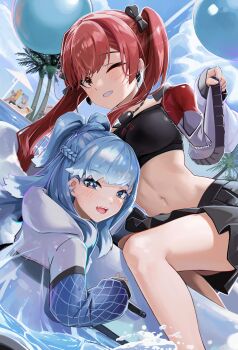  2girls 4girls anizi black_skirt black_tube_top blue_eyes blue_hair blue_jacket blush breasts closed_mouth cropped_jacket earrings grey_jacket heart heart_earrings highres hololive hololive_indonesia houshou_marine iii_(hololive) jacket jewelry kobo_kanaeru large_breasts long_hair multicolored_jacket multiple_girls navel official_alternate_costume open_mouth ponytail red_eyes red_hair red_jacket shiranui_flare shirogane_noel skirt small_breasts smile strapless tube_top twintails two-tone_jacket virtual_youtuber water 