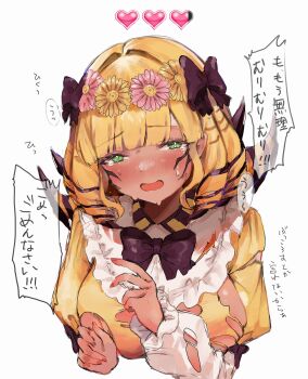  1girl absurdres black_bow black_bowtie blonde_hair blush bow bowtie dashed_eyes dress drill_hair embarrassed final_fantasy final_fantasy_xiv flower flustered green_eyes hair_bow hair_flower hair_ornament hands_up head_wreath heart highres honey_b._lovely long_sleeves looking_at_viewer open_mouth shhilee simple_background solo sweat tears torn_clothes translation_request upper_body white_background yellow_dress  rating:Sensitive score:5 user:danbooru